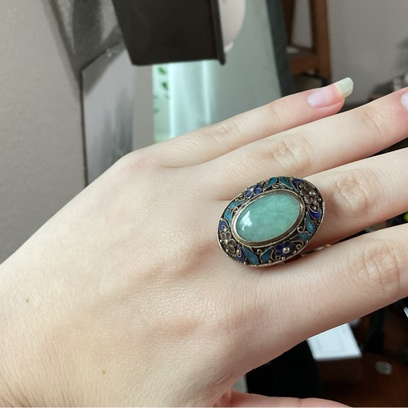 Vintage Chinese Export Jade Enamel Floral Adjustable Ring - Picture 12 of 13